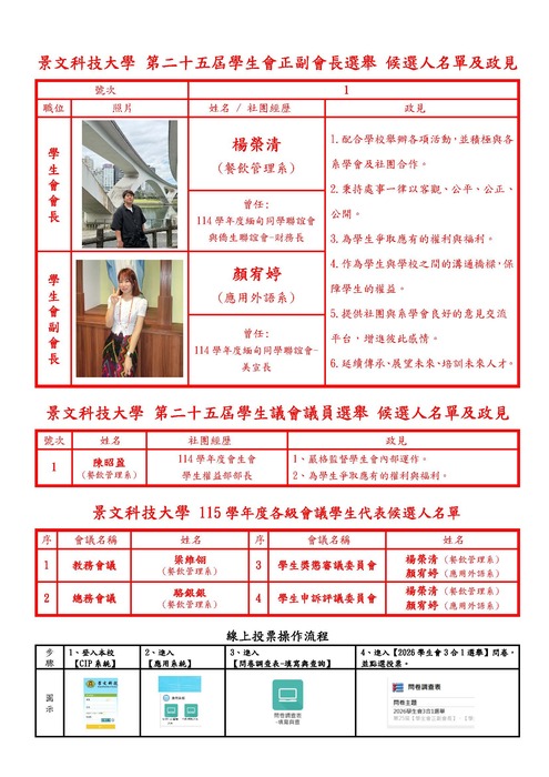 景文科技大學學生會3合1選舉候選人名單公告圖片